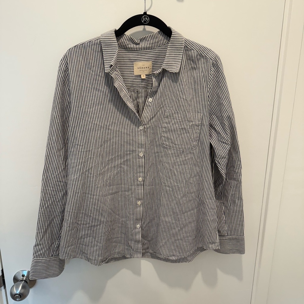 Sezane Navy and White Striped Button-Up Shirt
